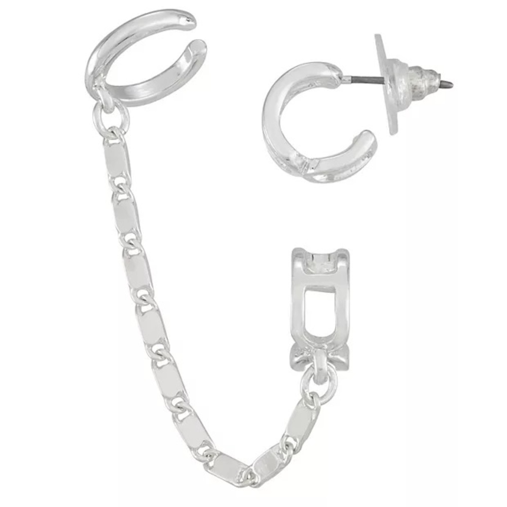Nine West Silver Tone Mismatch Ear Cuff & Huggie Earring Set New